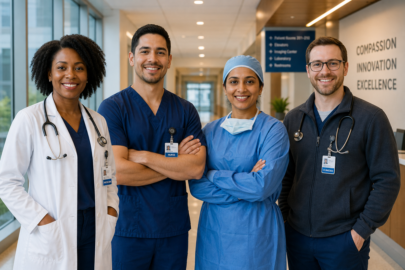 Healthcare professionals in a clinical setting collaborating with confidence