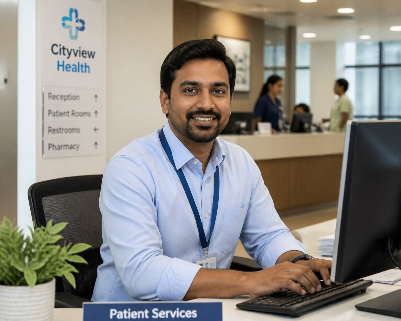 Healthcare administration staff working in a modern office environment