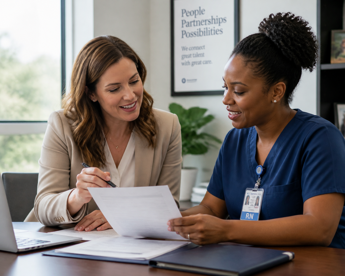 Healthcare recruiter and clinician reviewing staffing requirements